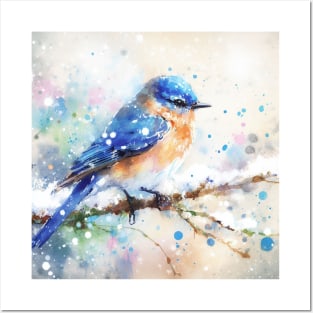 Colorful little blue bird sitting on a tree branch Posters and Art